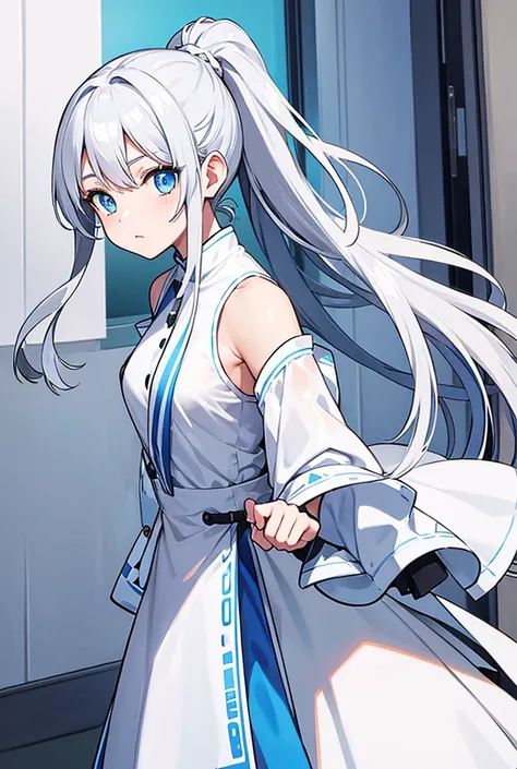 Young woman,Silver white long hair tied in a double ponytail, White Dress ,Light blue eyes