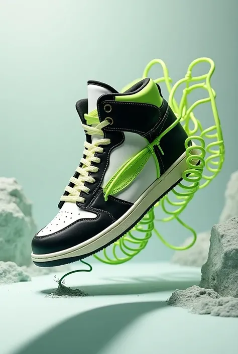 a sneaker,  of the colors black , WHITE AND GREEN, With several springs jump jump down