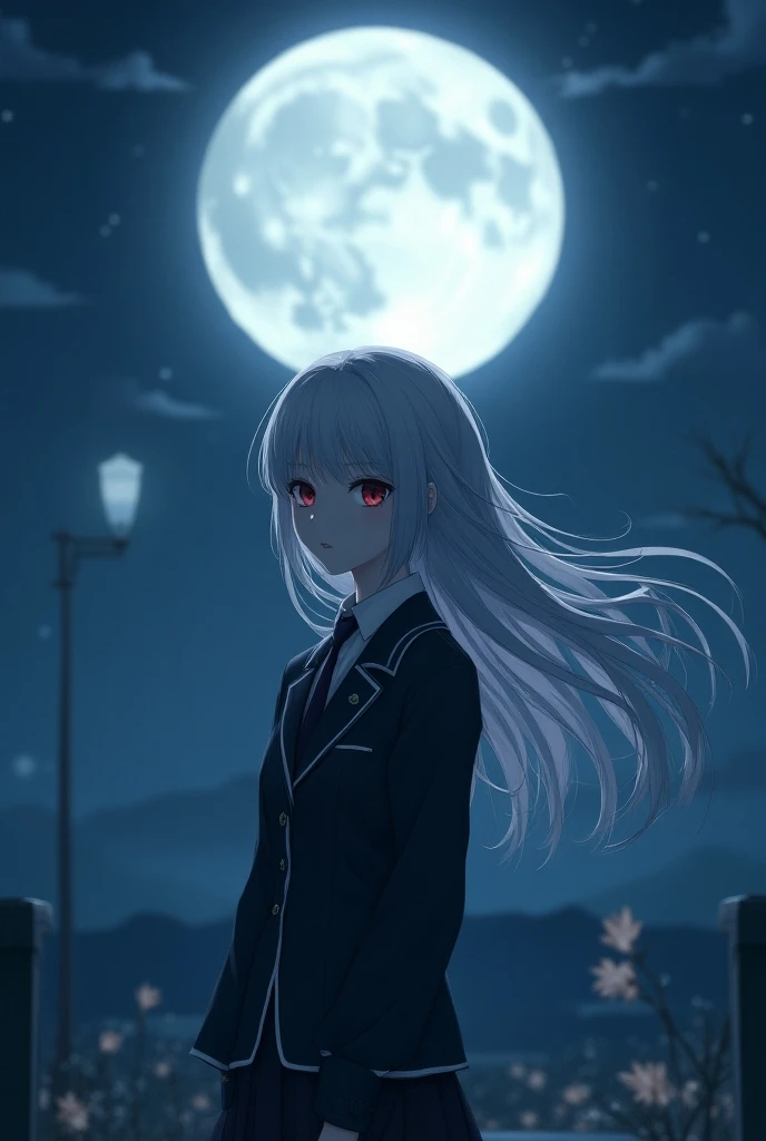 One girl with gray hair, red eyes, human, academy uniform, full Moon, midnight