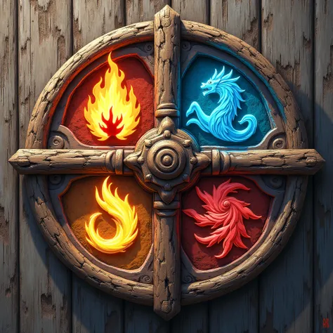  Make the anime-style image of the logo , Or rather, ancient writing that represents the 4 elements: Fire, Water,  wind and earth drawn like a cross on a kind of old board.  The base on which they are drawn must be made of wood ,  but the carved elements h...