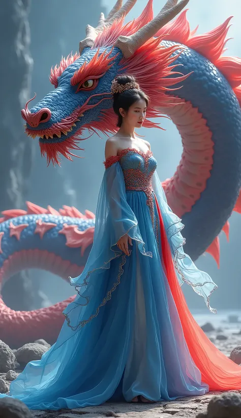 Describe a South Korean woman dressed in a beautiful blue and red colored dress, standing upright, with a confident and proud demeanor. She is accompanied by a giant blue and red dragon standing beside her. The scene is set against a visually striking and ...