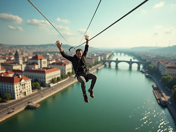 budapest zipline across river man waving low view