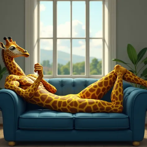 A yellow muscular giraffe furry jock lies on his back on a blue sofa in front of a window 