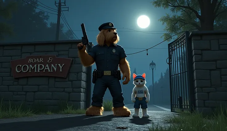 Style: Realistic, cinematic, action, sharp concept art. Details: the dog police and the kitten stand alert by beside of the old big iron gate, at night, BREAK, a pistol in raise hand of the dog police, BREAK, " Boar Company" old company sign. Characters: T...