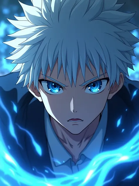 High quality, ultra realistic,absurdres, highres, ultra detailed, HDR, masterpiece, extremely detailed face and eyes,  Gojo satoru , jujutsu kaisen,, white hair ,black shirt , solo, ,man, handsome, ,white eyeleshes, blue eyes , Epic fight scene, blue splas...