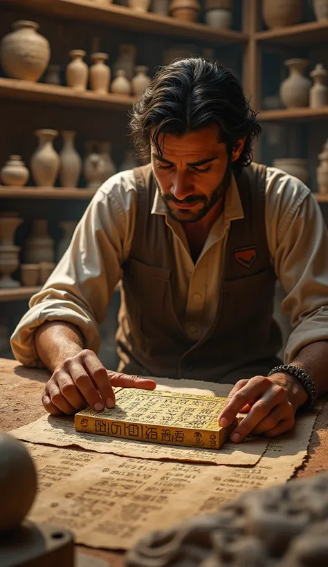 "A close-up view of an archaeologist carefully examining a golden necklace and reading inscriptions on a stone tablet. The background features shelves filled with ancient artifacts, emphasizing the significance of this discovery in understanding Egypt’s hi...