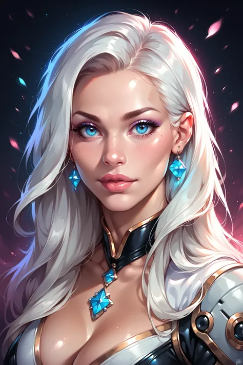 A portrait of a beautiful cyborg girl with kaleidoscopic eyes, full lips and glowing white hair, photorealistic, hyper detailed, ultra high resolution