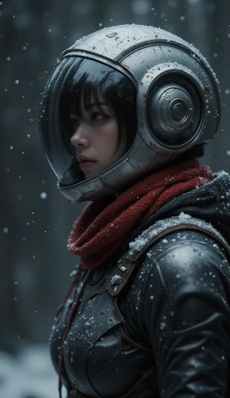 This is a highly detailed CGI rendering of a close-up profile of a person wearing a futuristic space suit. The subject,a young woman with pale skin and short,dark hair,is depicted in a contemplative pose,looking slightly to the left. Her face is partially ...