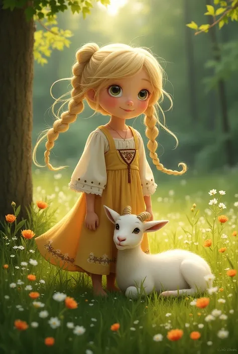  A girl of  in a folk-style dress up to the middle of the calf with loose blond long hair raised at her temples with braided pigtails,  standing in a green meadow in a deciduous forest , sunny summer morning ,  a white goat is baking next to her 