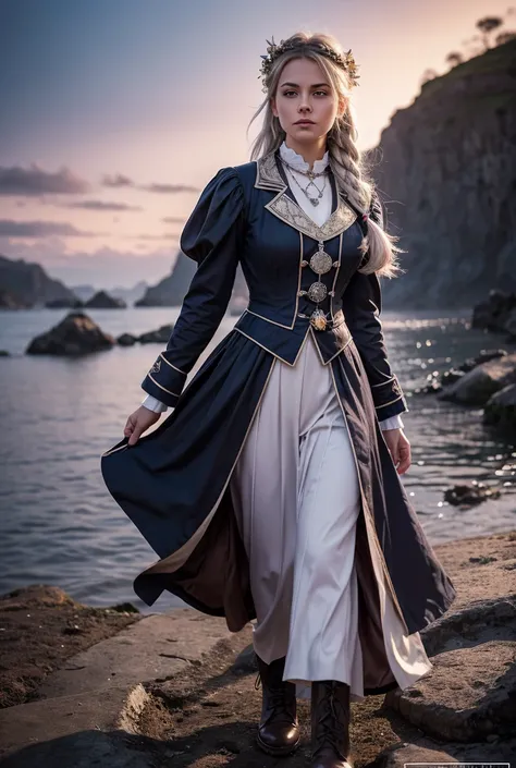 HD,   keep highly detailed  ,   high-resolution  , cinematic, dramatic, bokeh,  depth of field ,   1 woman jumps in the foreground  ,   , Silver Hair, light gray hair,  langes Haar, zopf, braid, blue Fantasies uniform ,   Victorian uniform  , Fantasies,  g...