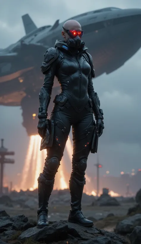 , armed female figure in a (((Holographic))) sci-fi suit (tight jumpsuit), at the spaceport, against the background of a sci-fi ship taking off, overcast, mask, sci-fi visor, sci-fi lens, sci-fi respirator, bald head, plate armor, isolated armor, third-per...