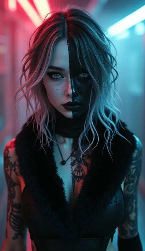 Girl、tattoo、Fog、cyberpunk、black fur、monochrome、half white and half black、hyperrealistic, neon
