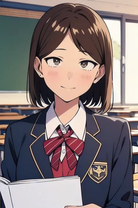 masterpiece, super details, best quality, beautiful girl, brown hair, sanpaku, school blazer uniform, classroom