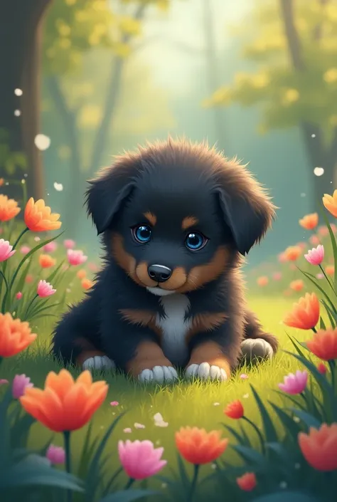 Create an illustration of a very cute dark-haired, blue-eyed puppy who is resting in a park filled with colorful flowers and seems to be sad because he doesnt have a friend to play with.