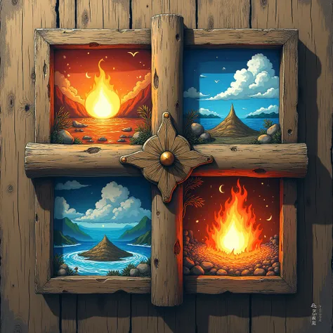  Make the anime-style image of the logo ,  or rather ancient writing that represents the 4 elements : Fire, Water,  wind and earth drawn like a cross on a kind of old board. Where the wind ,  represented with a stream drawn and clouds this one in the cente...