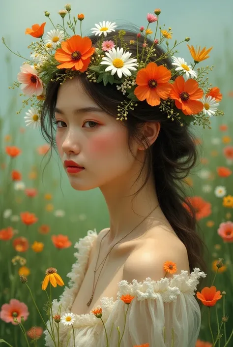 draw a girl with a wildflower wreath on her head