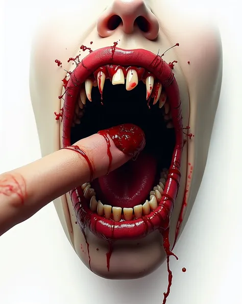  Mouth with bloody teeth and with a finger cut between the teeth. Realistic horror white background 