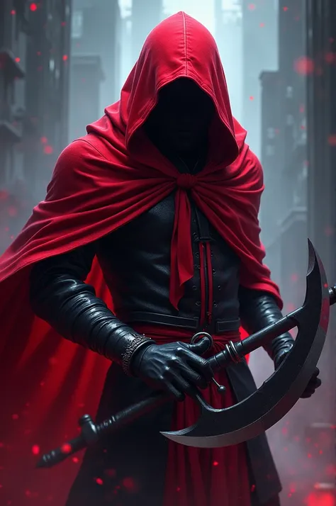  Ruby from the Mobile Legends game Bang Bang, He has a red hood and a sickle 