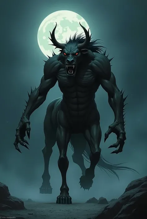 Illustration of a monstrous creature called the "Beast Beast", with a terrifying and dark appearance. She possesses a muscular and imposing body, similar to a centaur, with the upper part of a humanoid and the lower part of a horse, including strong hoofed...