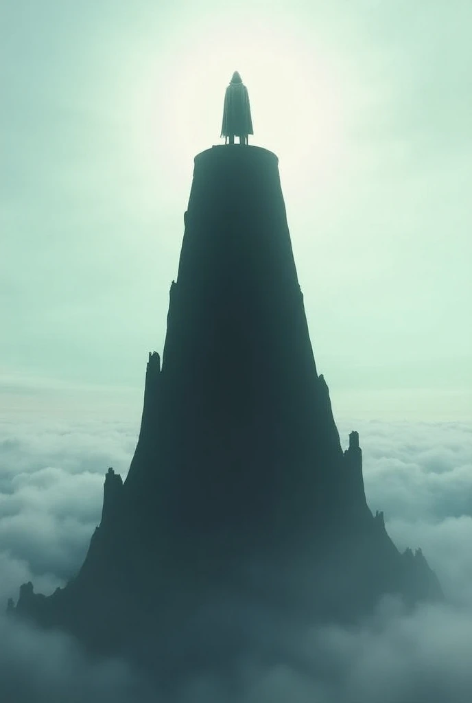 Massive conical tower rising far above clouds, seen from a dramatic perspective looking into the distance, expansive view, realistic detail, dark silhouette of a cloaked person standing atop (small in scale to tower), isolated tower with broad, solid struc...