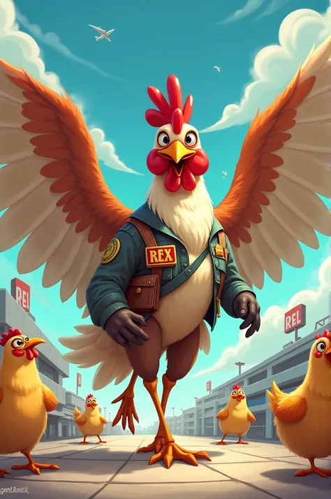  The Pilot Chicken , with wings like  " Tyrannosaurus rex arms ".  With a name plate written REX on her uniform .  With a team of chickens and chicks that work at ABATEDOUROS Airport.