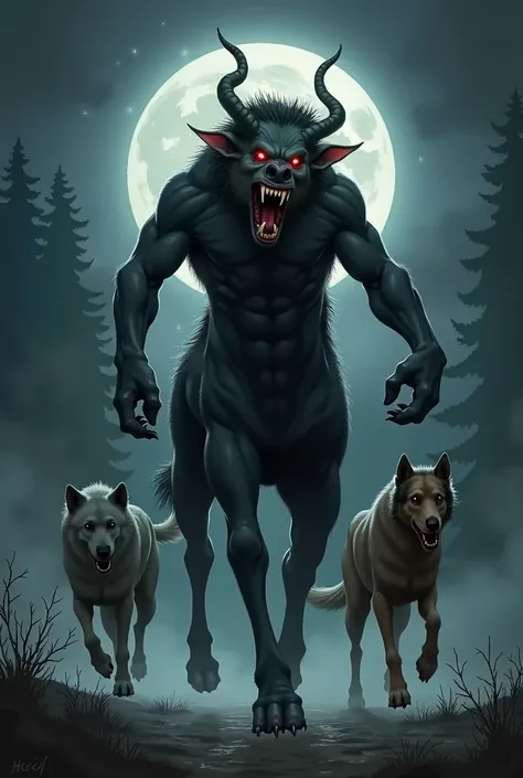 Illustration of a monstrous creature called the "Beast Beast", with a terrifying and dark appearance. She possesses a muscular and imposing body, similar to a centaur, with the upper part of a humanoid and the lower part of a horse, including strong hoofed...