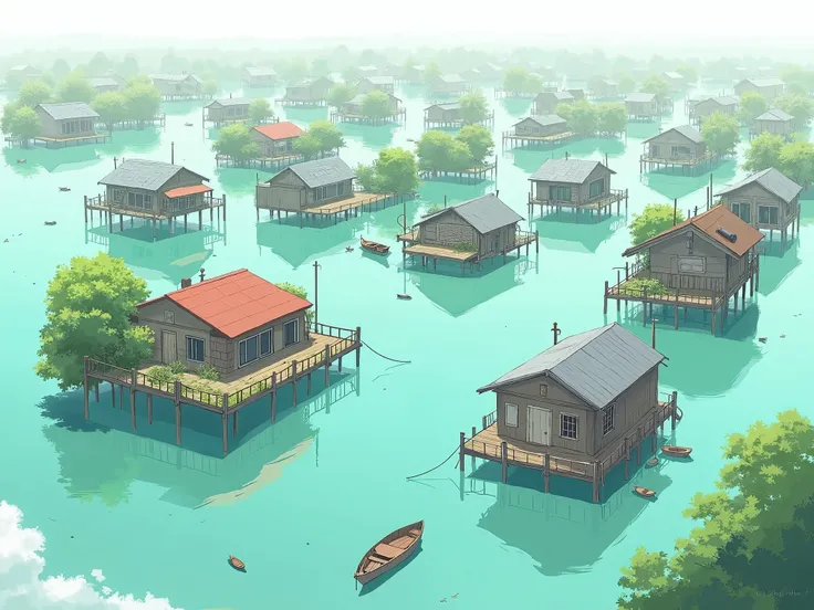 I want a sketch of a neighborhood with stilt houses and floating houses that is flooded all houses have only one floor 