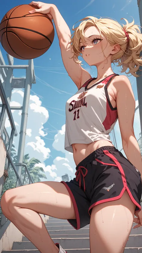 masterpiece; best quality; slim sporty girl , 14 years old, blonde fluffy hair,  runs down stairs in the city in a black basketball outfit that is too big for her, shorts, tanktop, sweat