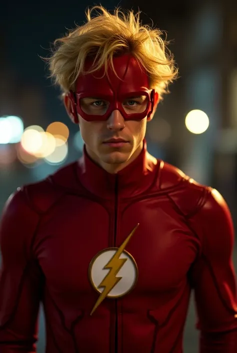 Ator Lucas Till (mcgyver), frizzy blond hair , olhos azuis detalhados,  wearing the Flash hero costume,  bright red colors ,  soft lighting ,  full body ,  captured with award-winning photography technique , cinematic, dark environment, time-lapse effect ,...