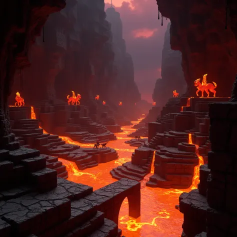 IMG_1974.CR2: ((Masterpiece)), ((ultra-detailed, 8k quality)), Minecraft-style cave with rivers of molten lava, fiery creatures lurking in the shadows, stone bridges over glowing lava, red-orange hues contrasting with dark rocks, intense heat reflections, ...