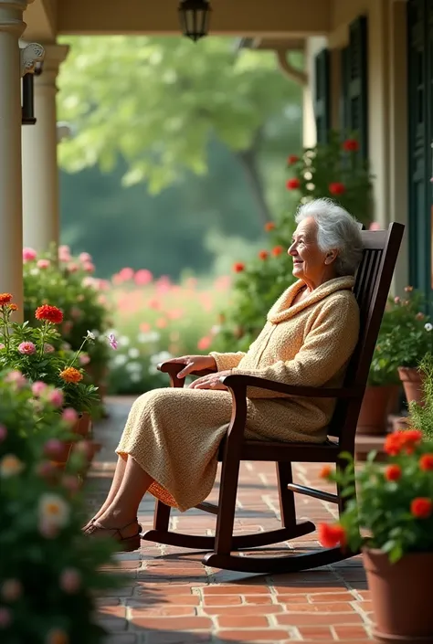 An elderly woman sitting in the rocking chair on a porch with plants and a beautiful garden and she is dressed in crochet 
