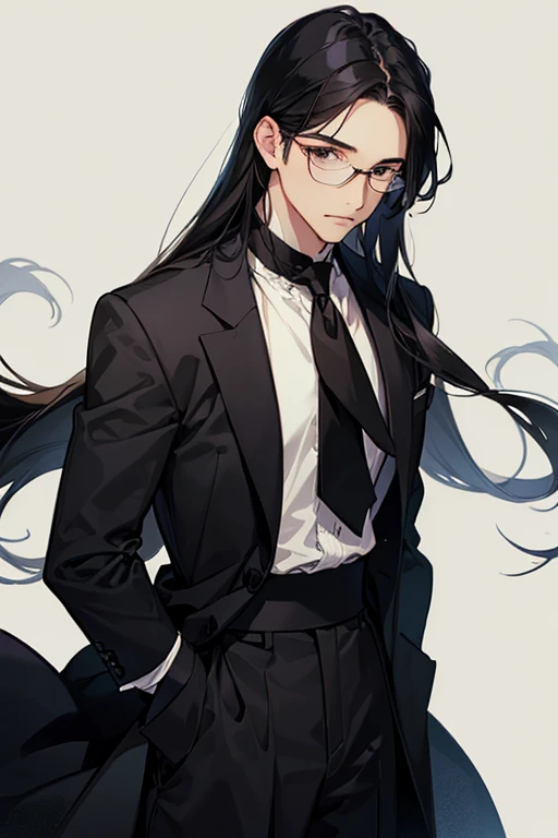 A man with long, straight black hair, square-rimmed glasses, black eyes, a calm, confident face, and a smart dress