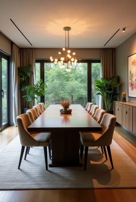 A stylish and elegant dining room with a long, polished wooden table at the center, surrounded by upholstered chairs in neutral tones. The room features soft, warm lighting from a contemporary chandelier hanging above the table. The walls are adorned with ...