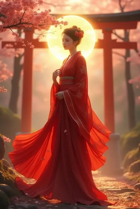 woman、goddess、torii、cherry blossoms、Golden halo、 red kimono、Golden Light