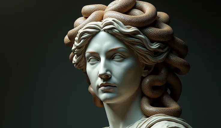 "A hyper-realistic artwork depicting the head of Medusa as a Greek statue, sculpted with intricate details. The face is that of a beautiful and serene woman, with an expression blending majesty and mystery. Her hair is composed of live snakes that writhe w...