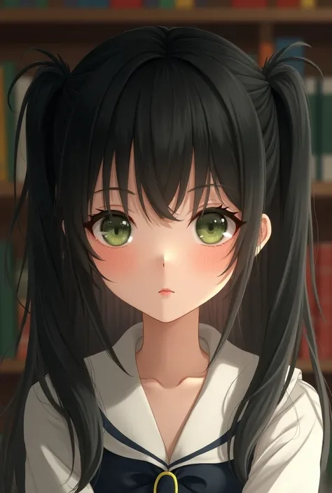 A girl,  long black hair ,  combed with two pigtails, Thick paste lenses ,  pale white skin ,  green eyes, round face,  small nose ,  big lips,  small mouth , in a library, white school blouse, ray tracing, close-up, 16K, masterpiece,  anatomically correct...