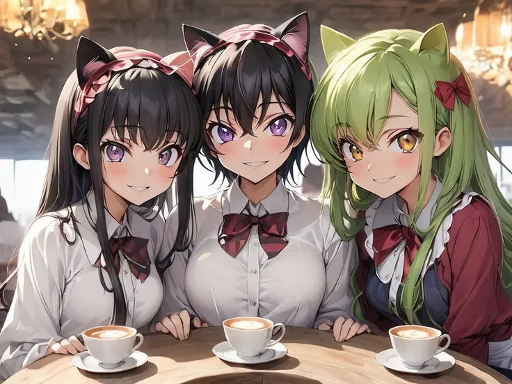  anime woman, CC, Code Geass, long green hair, yellow eyes ، and anime man , lelouch lampeurge , short black hair , purpel eyes , in cat cofe , cat every where , دقة عالية, عمل رائع, علم التشريح صحيح, دقيق, أفضل جودة, 