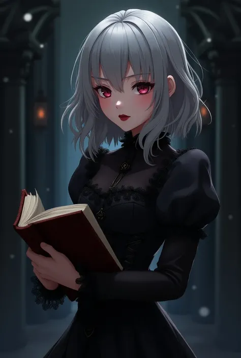 Anime girl with grey waved hair and straight bangs. She has dark red lipstick and dressed in a black gothic dress with a corset. Standing in a pose with Witc Book in her hands.