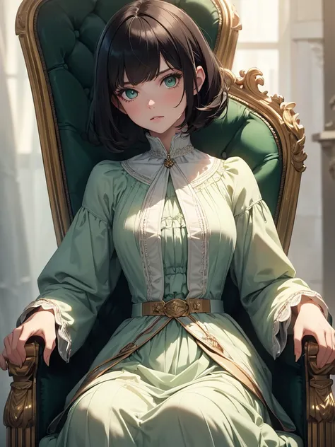 (8K, Best Quality, Masterpiece, Ultra High Resolution) Single Person, 1 Girl, Cute Eyes, Face Details, Slim, Dark Hair, Short Hair, Pale Skin, Green Eyes, Pretty, 1800s, Mansion, Royal, Grown, Sitting on Throne