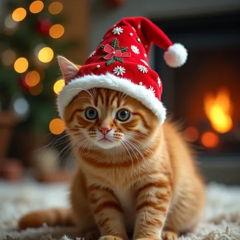 Create a better Christmas hat for the orange cat while maintaining the same style