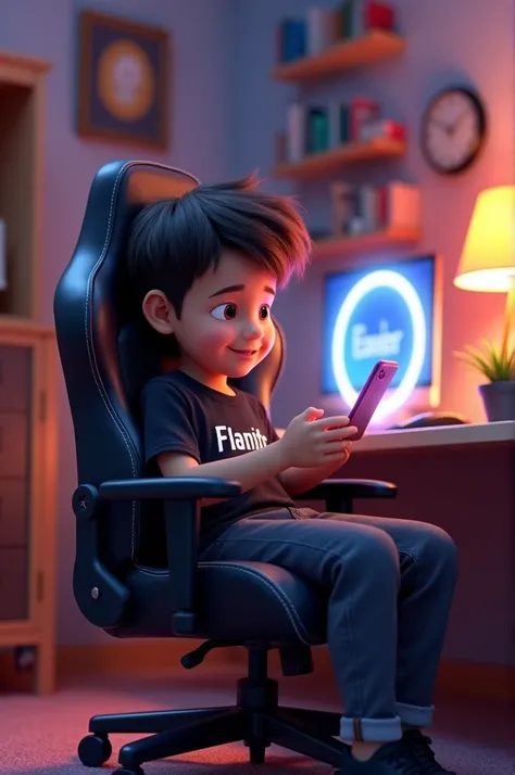 Pixar-like background a boy with a black shirt that says flamita The shirt sitting in his winged gamer chair his table and a white light ring that serves to illuminate the round of his cell phone