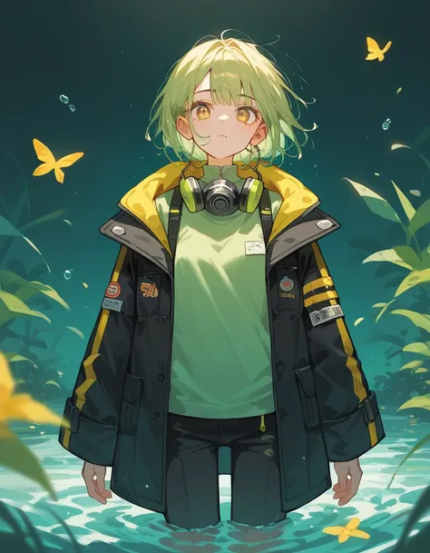 girl, light yellow,In light green buds, put on a yellow-black coat,, black trousers ,Water sucker 