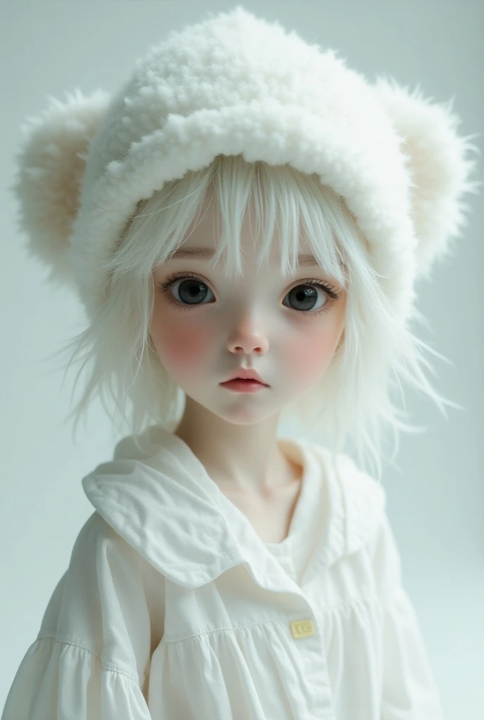 Girl with short white hair with very white skin wearing a wide white shirt with slightly big black eyes with a cap on her head a fluffy cap with a teenage appearance and with black eyes
