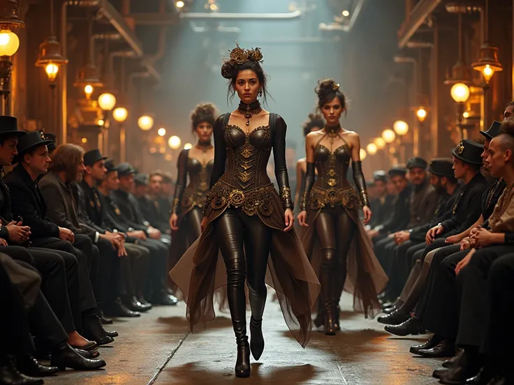 A fashion show in a steampunk version of Victorian London, where models parade in outfits made from gears, brass, and corsets. The setting is an industrial yet sophisticated, with steam-powered lights and machinery.