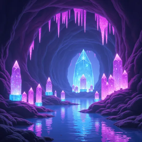 IMG_2846.CR2: ((Full Minecraft-style art)), glowing crystal cave with amethyst and sapphire crystals embedded in the walls and ceiling. Underground lake reflecting the sparkling glow of the vibrant crystals, with minimal shading. Color palette focused on c...