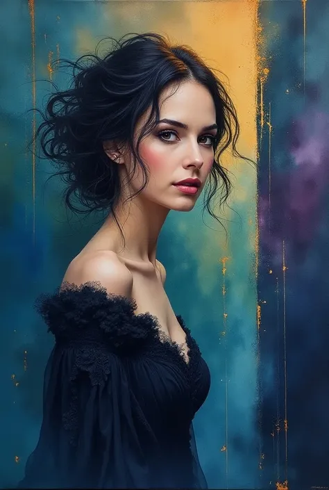 Prompt: A realistic and highly detailed painting in dark watercolor,  with a beautiful woman with good features defined in the foreground .  She appears from the waist up ,  with an imposing presence Who stands out in relation to the background .  Its appa...