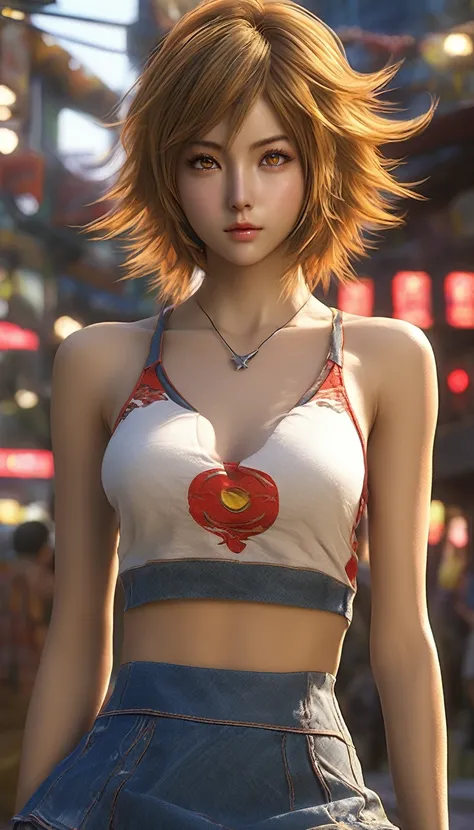 a woman wearing a yellow sports bra and short denim skirt, showing red android, hair, final fantasy 8 art style, (best quality,4k,8k,highres,masterpiece:1.2),ultra-detailed,(realistic,photorealistic,photo-realistic:1.37),intricate details,dramatic lighting...