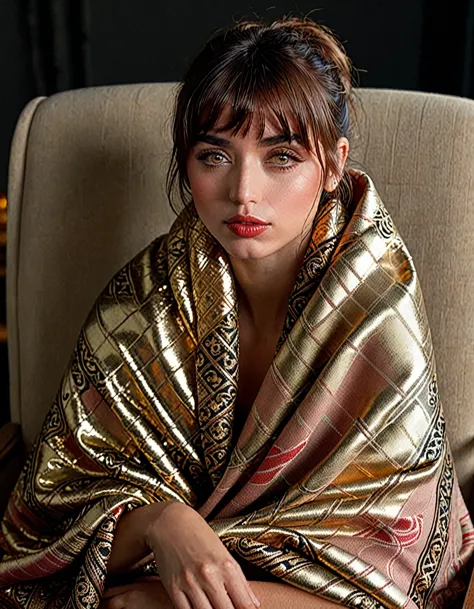 j0i woman with bangs , sits in a chair забравшись в кресло с ногами, wrapped in a blanket, фото снчто с небольшого расстояния ( ...