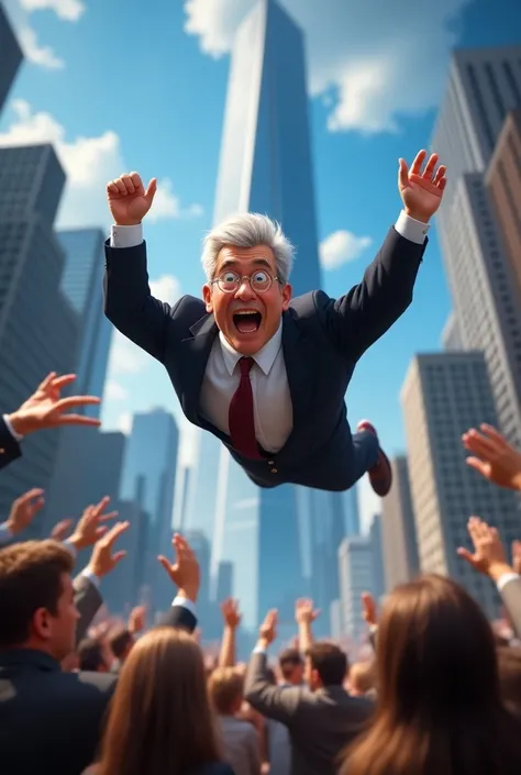 A Disney Pixar-style movie poster, with a gray-haired young man wearing an elegant suit ,  falling from a building while the audience applauds him