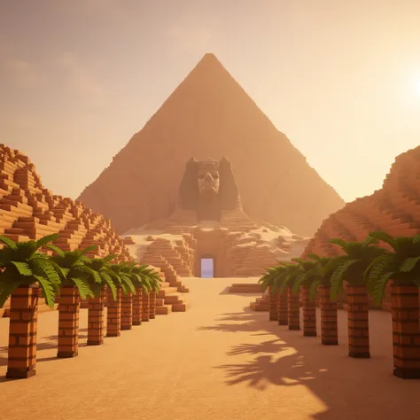 IMG_1673.CR2: ((Masterpiece)), ((ultra-detailed, 8k quality)), (top quality), (best composition), (high resolution), **((full Minecraft-style))**art of a vast desert with a large Egyptian pyramid at the center, guarded by stone sphinxes and surrounded by p...